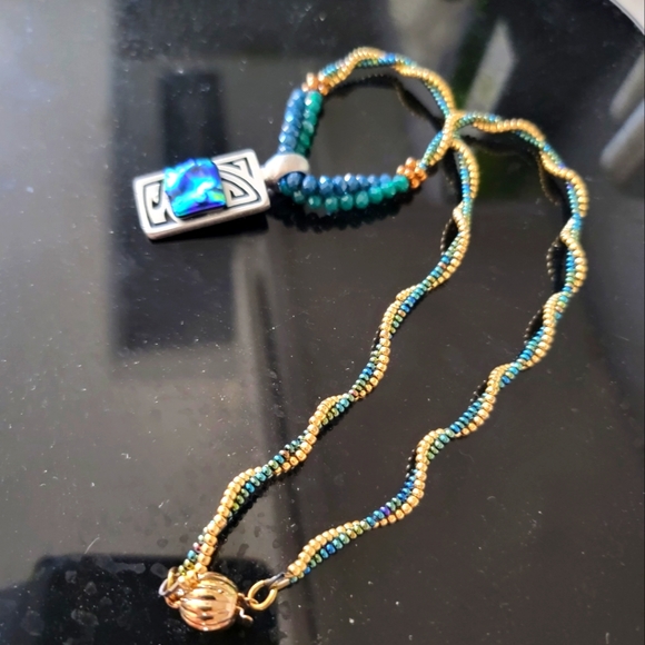 18" Beaded Gold and Green necklace with 1" silver Pendant with rainbow stone - Picture 5 of 11